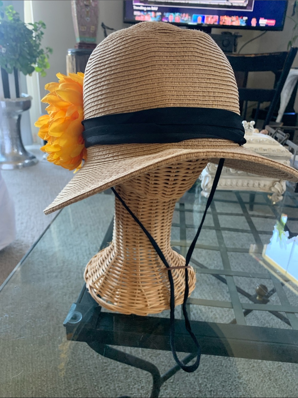 Furtalk Woven Straw Sun Hat with Black Band & Optional Yellow Flower Size L/XL